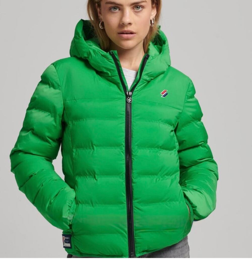 SUPERDRY Puffer Jacket Coat US Sz 8 Green Hooded Insulated Ski Snow